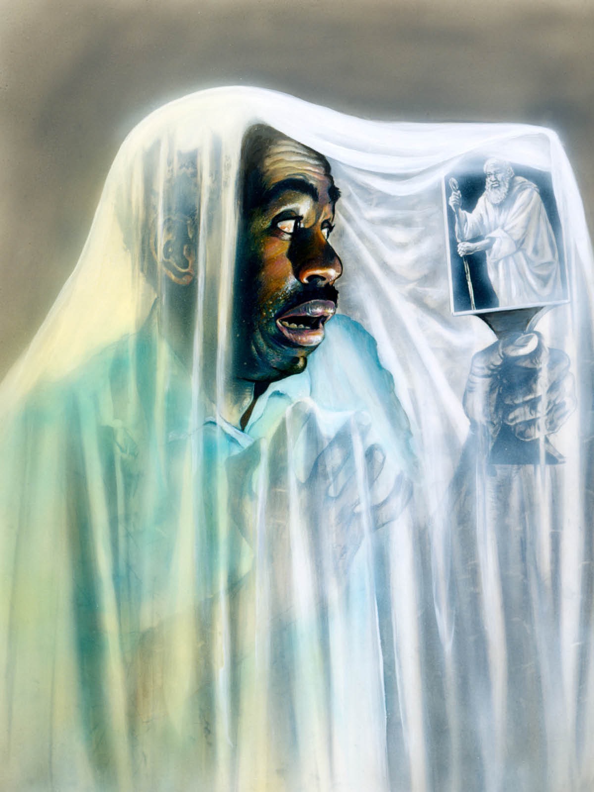 IMAGE 2 PICTURE DESCRIPTION: A man covered in a white cloth sees an image in a mirror