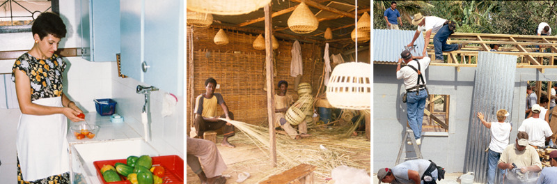 IMAGE 4 PICTURE DESCRIPTION: A woman washes vegetables; men make straw baskets; men and women work on a construction project CAPTION: Only the living can do these things