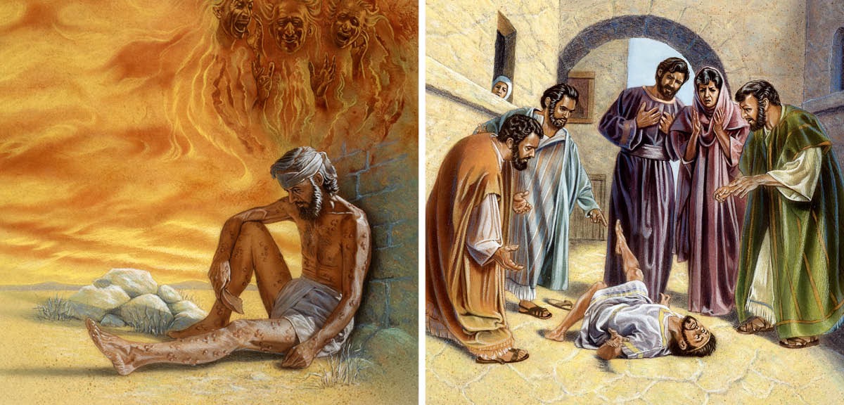 IMAGE 10 PICTURE DESCRIPTION: Satan and the demons make Job sick with malignant boils, and throw a person into convulsions CAPTION: In the past, the demons made some people sick and threw others into convulsions