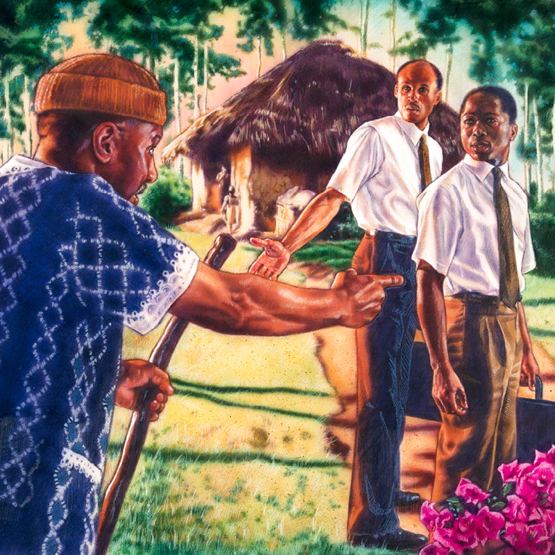 IMAGE 15 PICTURE DESCRIPTION: A man follows two Christian ministers, thinking that one of them is his dead brother CAPTION: Some think they have seen people who have returned from the dead