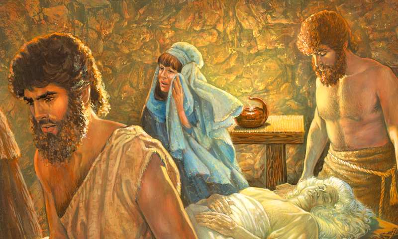 IMAGE 17 PICTURE DESCRIPTION: Eve’s dead body is carried away by her family CAPTION: Satan said Eve would not die. Eve believed him, but eventually she died