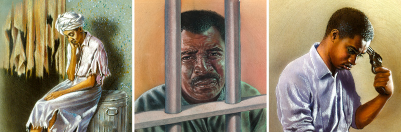 IMAGE 21 PICTURE DESCRIPTION: A homeless person; a man in prison; a man holding a gun to his head CAPTION: Those who practice spiritism often fare badly. They can lose their home, their freedom, even their life
