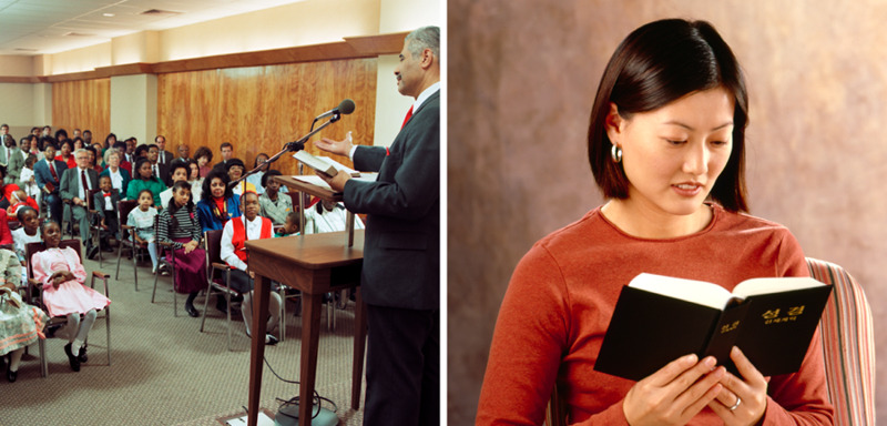 IMAGE 24 PICTURE DESCRIPTION: True worship includes attending Christian meetings and reading the Bible CAPTION: Attend Christian meetings.—Hebrews 10:24, 25 Study the Bible.—John 17:3