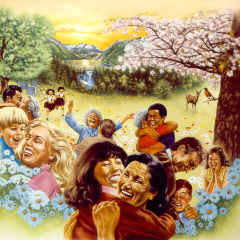 IMAGE 28 PICTURE DESCRIPTION: People welcome the dead back to life on a paradise earth CAPTION: The dead will come back to life on earth