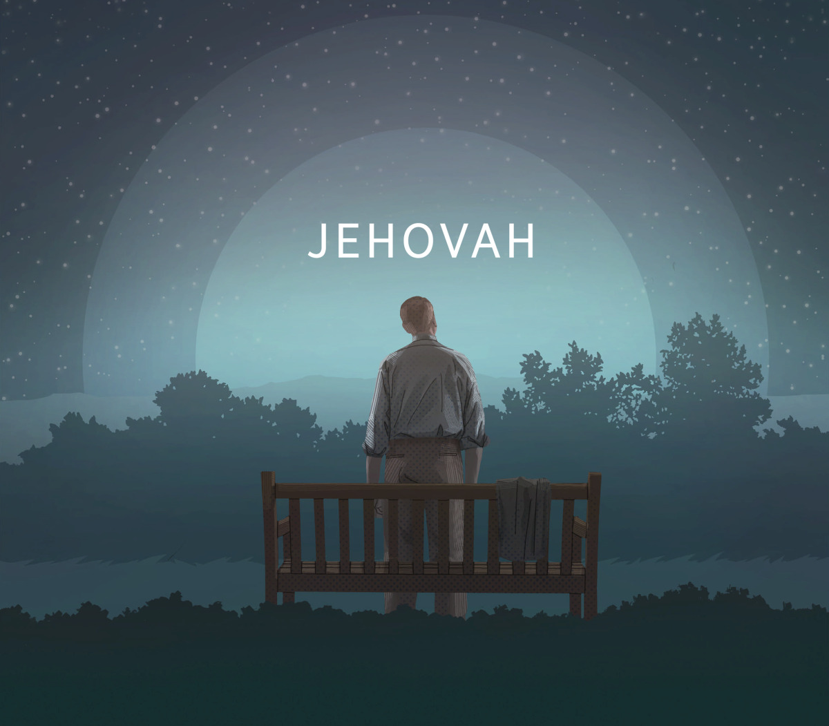 Image 2: A man gazing into the night sky. The name Jehovah is superimposed on the sky.