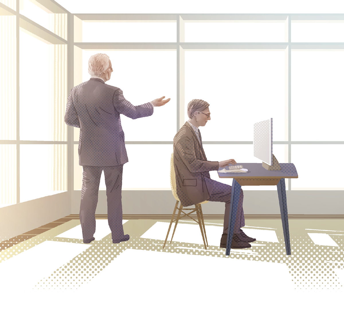 An employer dictating his thoughts to his secretary, and the secretary typing those thoughts into a letter. CAPTION: A secretary may write the letter, but its message came from the person who dictated it. Likewise, humans wrote the Bible, but its message came from God