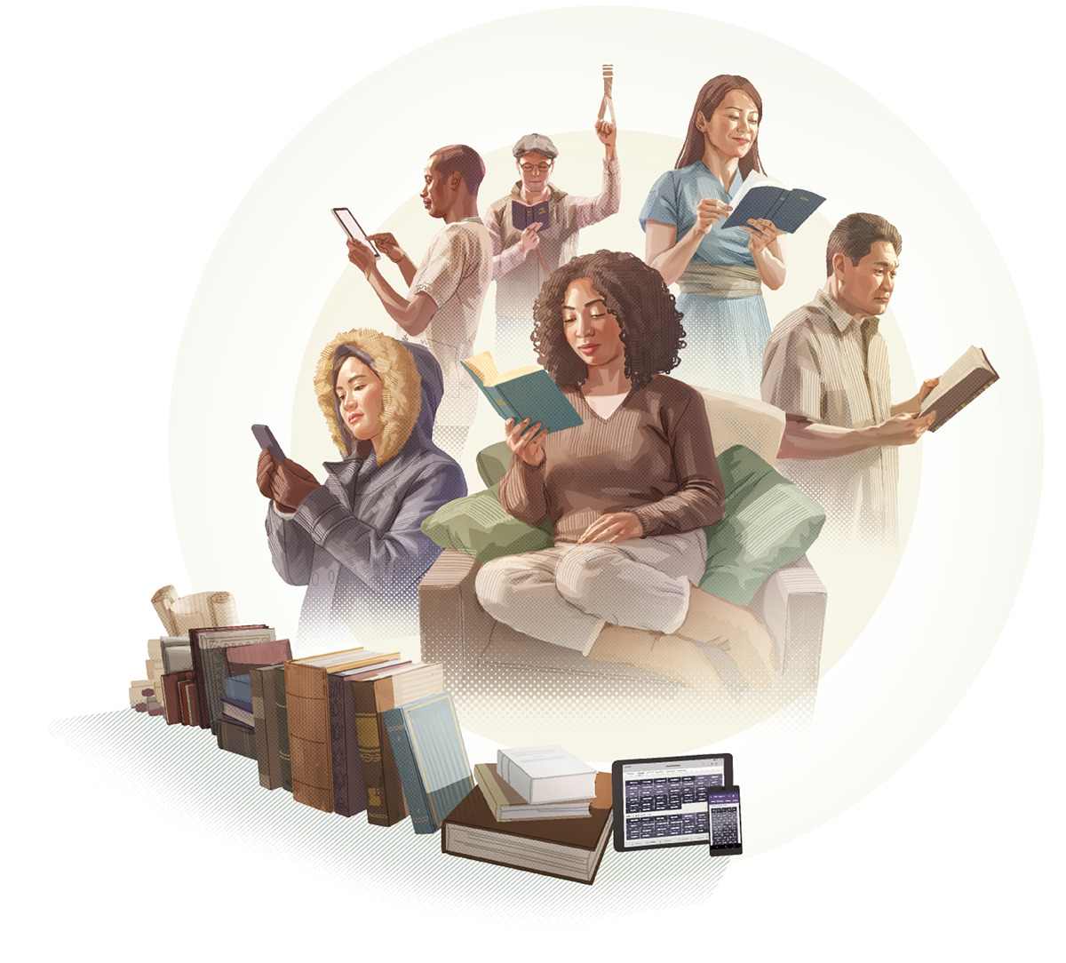 People of various races and nationalities reading the Bible in their own language. CAPTION: Nearly 100% of the world’s population have access to the Bible in a language they understand. Available in over 3,000 languages in whole or in part. 5,000,000,000 The estimated number of copies produced, far more than any other book.