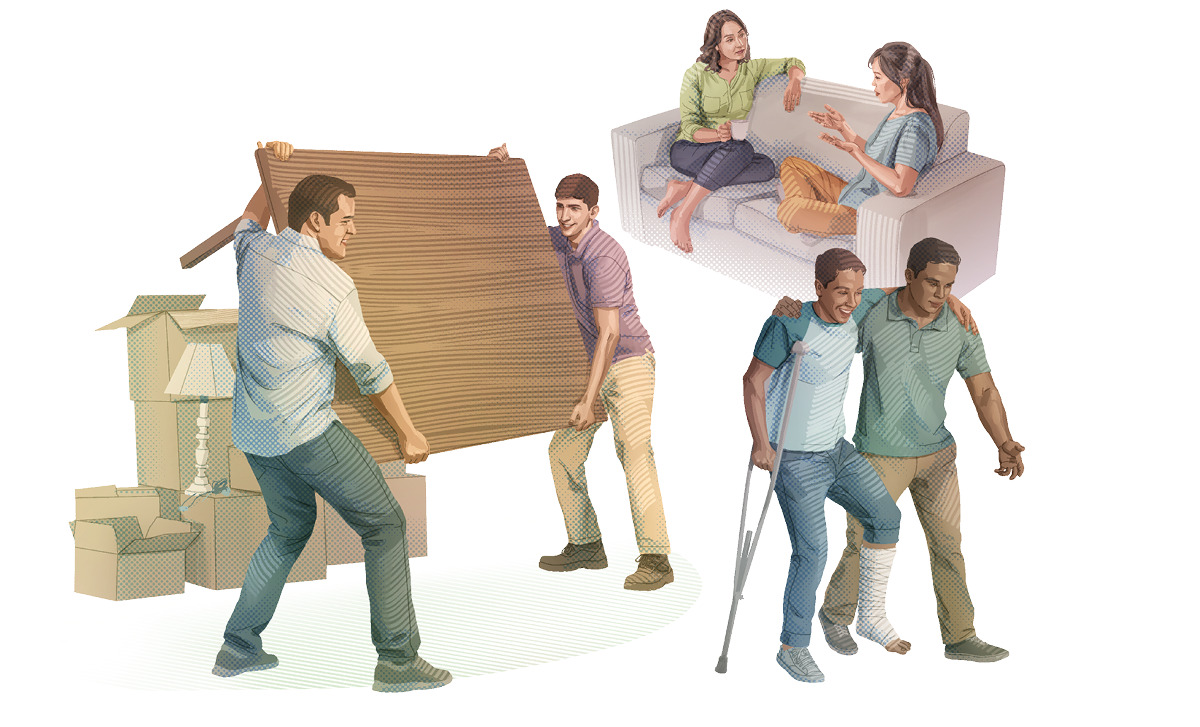 Image 3 Collage: Close friends helping each other. 1. A man helps another man to move a large table. 2. A woman confides in another woman. 3. A man assists another man with a crutch to walk. CAPTION: Close friends give you help when you need it. Jehovah will help you too