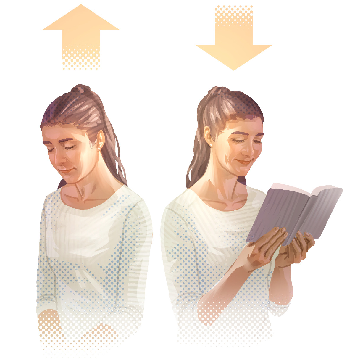 Image 4 Collage: 1. A woman prays. An arrow over her head points up. 2. A woman reads the Bible. An arrow over her head points down. CAPTION: We speak to Jehovah through prayer; he speaks to us through the Bible