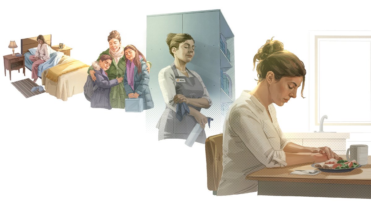 Image 4 Collage: A woman prays throughout the day. 1. In the morning. 2. With her children. 3. At work. 4. Before a meal.