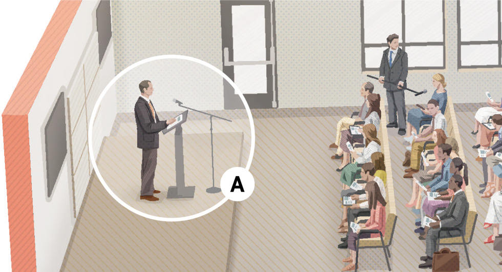 Image 3: A. A male Witness giving a Bible-based talk from the stage during a meeting. CAPTION A: Our meetings include talks, demonstrations, and videos. Meetings begin and end with song and prayer