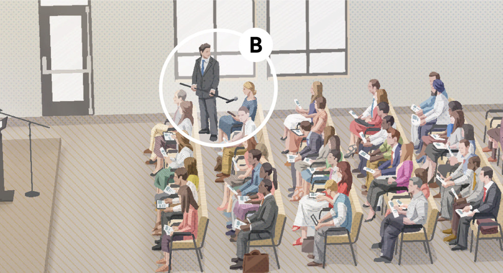 Image 4: B. A female Witness in the audience commenting during a question-and-answer part of a meeting. CAPTION B During some parts of the program, the audience is invited to comment