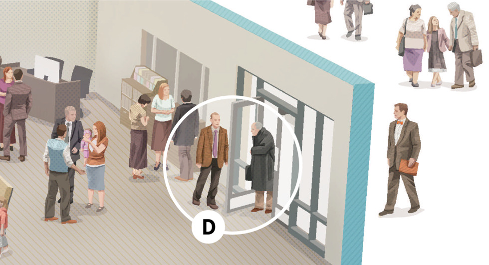 Image 6: D. A male Witness holding a door open for an elderly man arriving at a meeting. CAPTION D Our meetings are free. Jehovah’s Witnesses do not charge admission or pass a collection plate