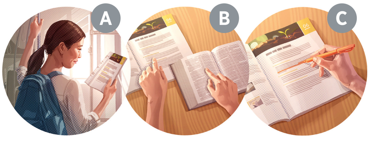 Image 3 Collage: A woman preparing for her Bible study session. A. She reads the first page of the lesson. B. She reads the cited scriptures from the Bible. C. She highlights key words and phrases in the lesson.