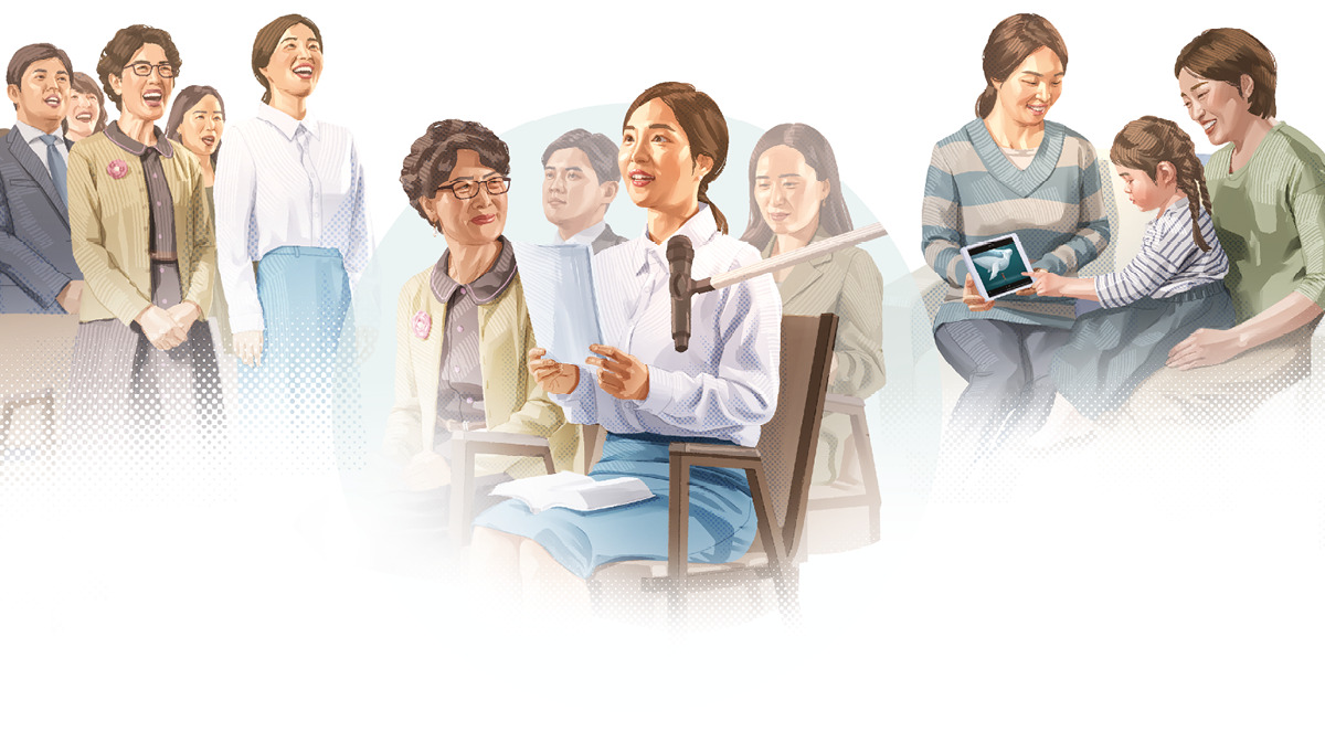 Image 3 Collage: A female Bible student learning to worship God acceptably. 1. She sings praises to God at a congregation meeting. 2. She comments during a congregation meeting. 3. She shows a Bible-based video to a woman and her daughter.