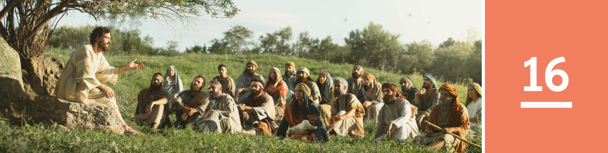 Image 1: Jesus teaches a group of men and women as they sit on a hillside.