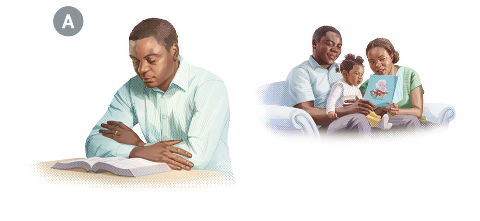 Image 2: A. Collage: An elder caring for the spiritual needs of himself and his family. 1. He prays before he studies the Bible. 2. He teaches his young daughter about the Bible with the support of his wife. CAPTION: Elders keep themselves and their families spiritually strong