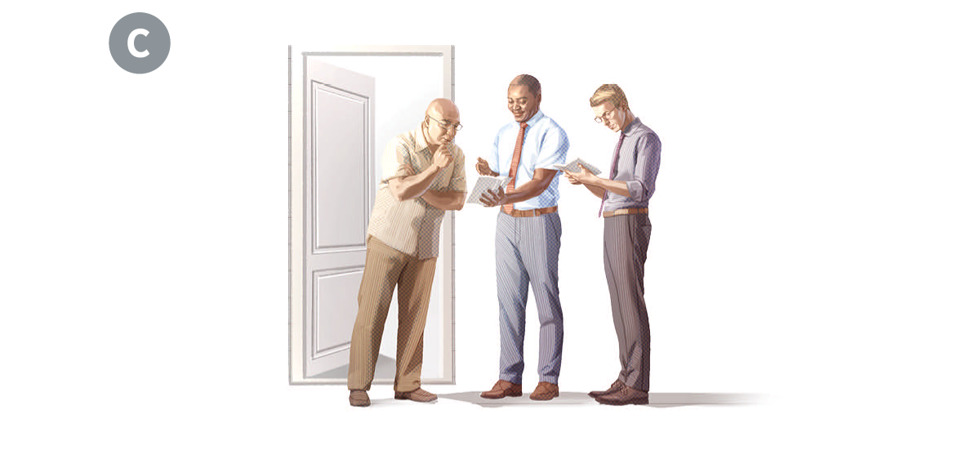 Image 4: C. The same elder preaching to a man at home. CAPTION: Elders preach regularly