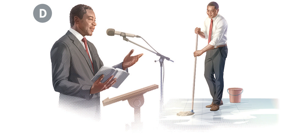 Image 5: D. Collage: 1. The same elder gives a talk at a congregation meeting. 2. He mops a Kingdom Hall floor. CAPTION: Elders are teachers. They also help with cleaning and other tasks