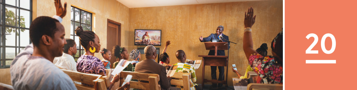 Image 1: At a congregation meeting of Jehovah’s Witnesses, a brother asks a question and various individuals raise their hand to comment.