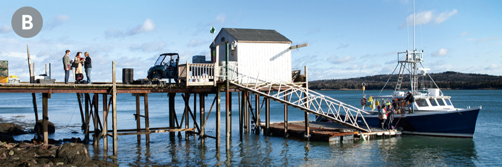 Image 3: B. Two pairs of Jehovah’s Witnesses preaching to fishermen on a dock in the United States. B. United States