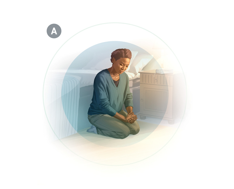 Image 2: A. A woman making a personal dedication to God in prayer. CAPTION: We make a dedication by telling Jehovah that we want to serve him forever