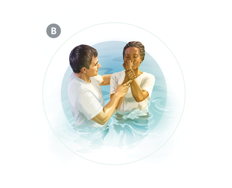 Image 3: B. The same woman getting baptized as one of Jehovah’s Witnesses by complete water immersion. CAPTION: At our baptism, we demonstrate to observers that we have made a dedication to God