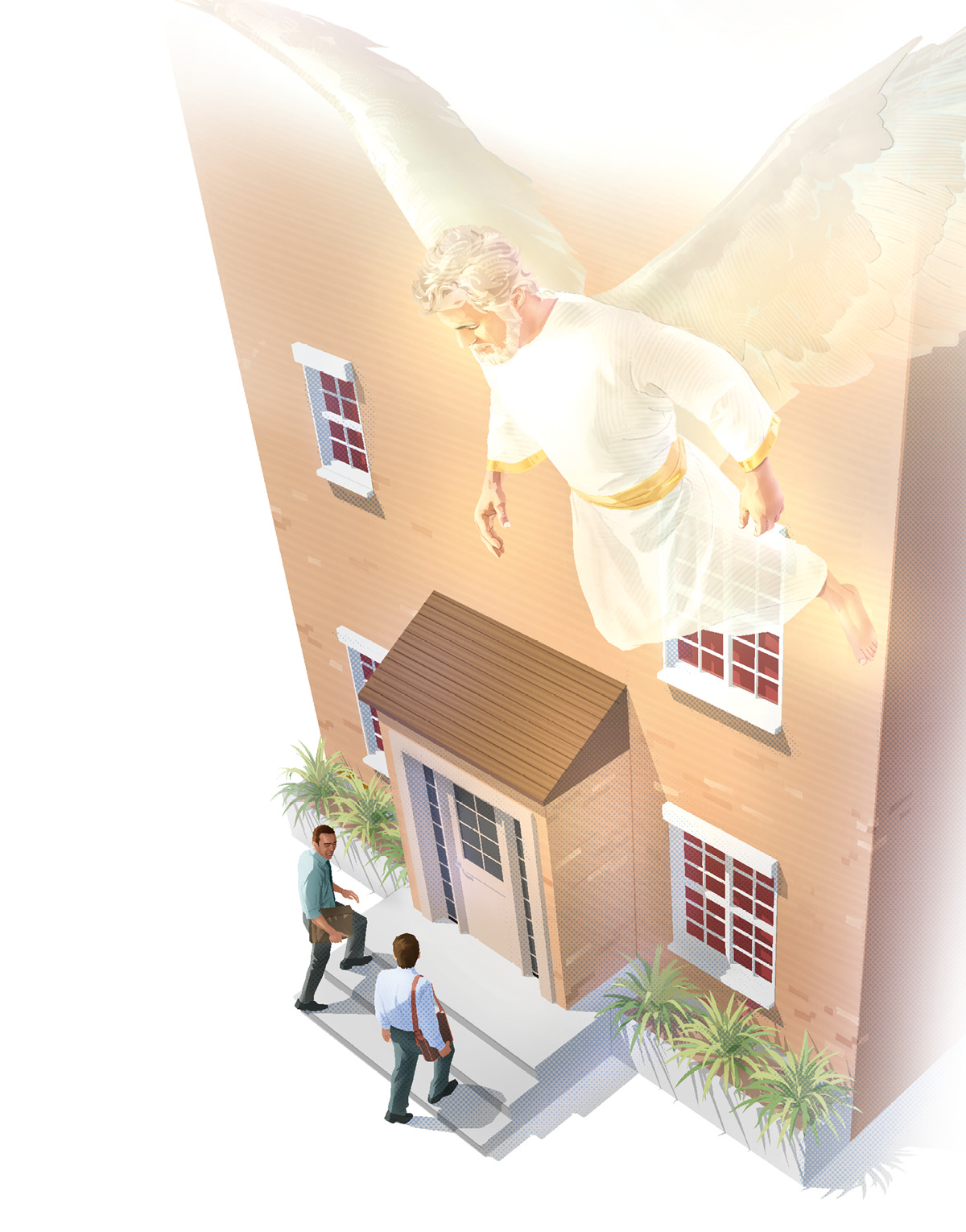 Image 2: An angel guiding two of Jehovah’s Witnesses as they preach from house to house.