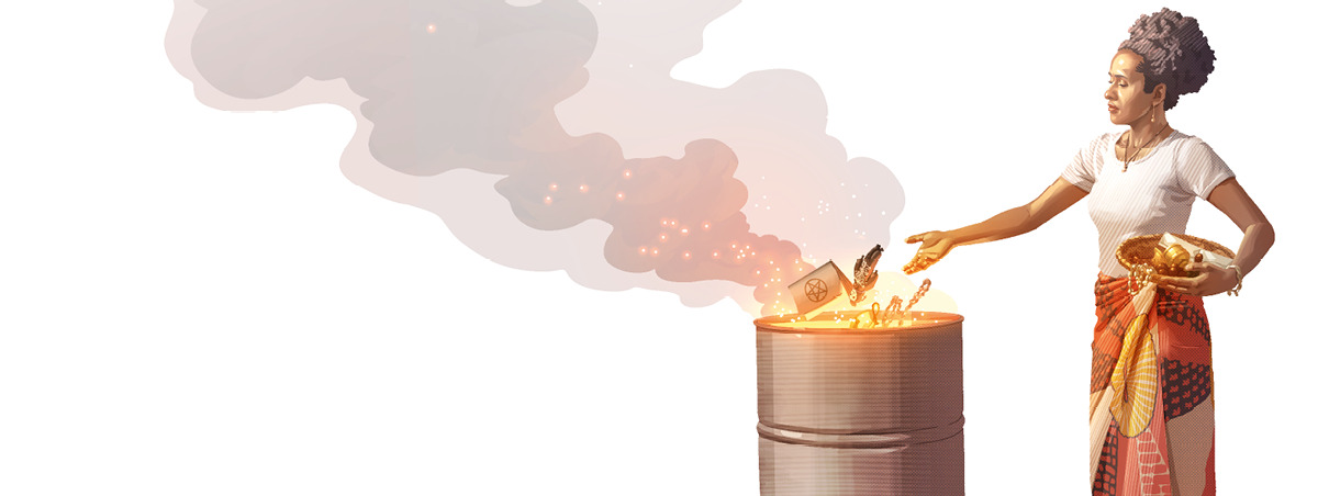 Image 4: A woman destroying various objects related to spiritism by burning them.