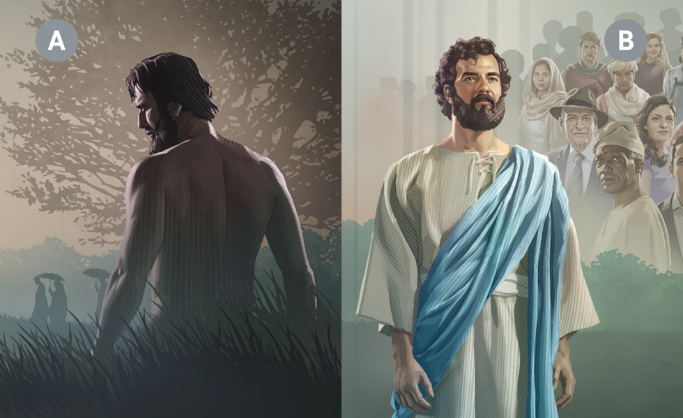 Image 3 Collage: A. Adam after he disobeyed God. B. Jesus Christ. CAPTION: Jesus was a perfect man who obeyed God and put humans on a path to perfection and eternal life