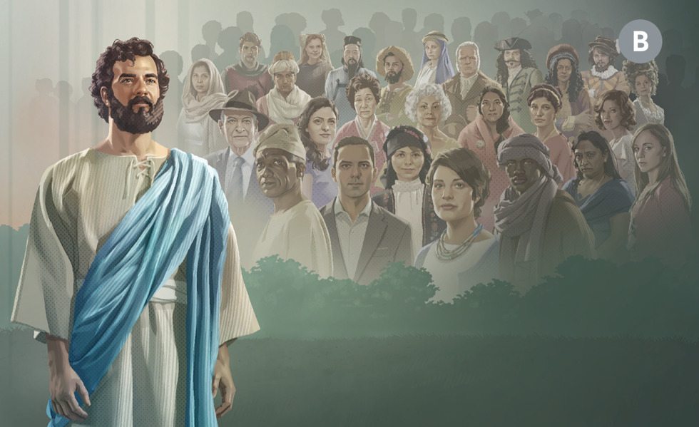 Image 4: B. Collage: 1. Jesus Christ. 2. People of various ages, races, cultures, and backgrounds.