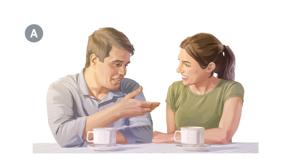 Image 4: A. A husband and wife talking while having coffee together. CAPTION: Honest husbands and wives strengthen their marriage