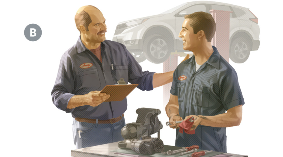 Image 5: B. A mechanic being commended by his boss in a repair shop. CAPTION: Honest workers earn the trust of their employers