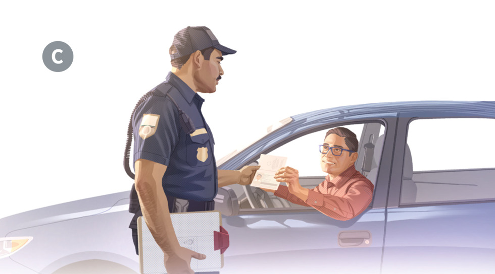 Image 6: C. A man in his car showing his identification to a police officer. CAPTION: Honest citizens gain a good reputation with government officials