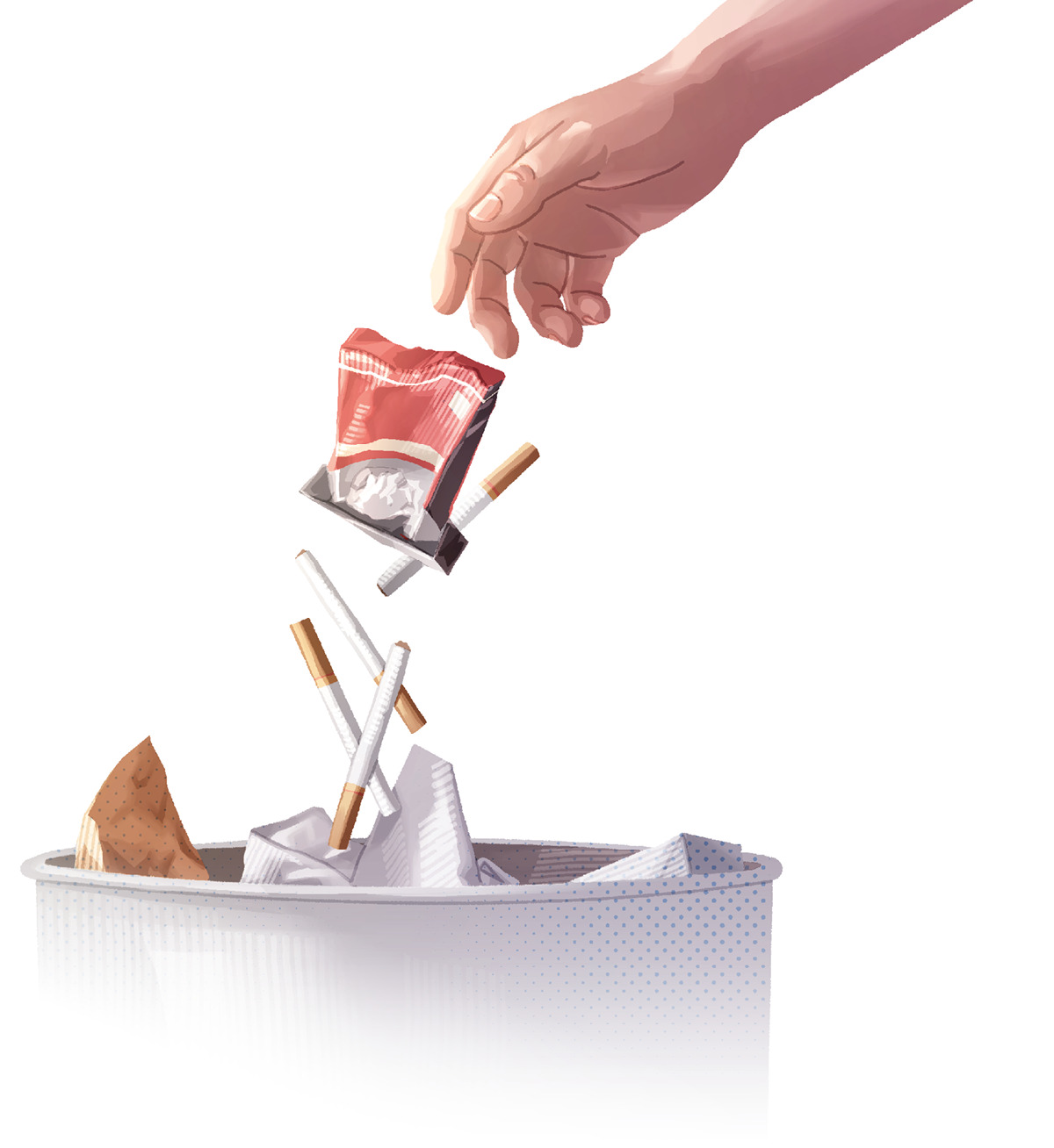 Image 2: A person throwing cigarettes into a trash can. CAPTION: Jehovah can help us to conquer any bad habit