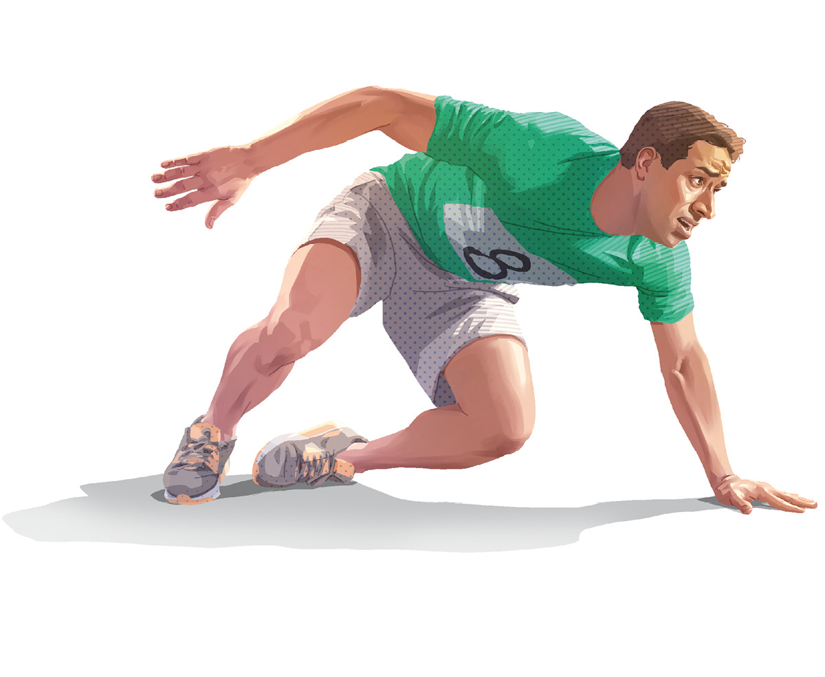 Image 3: A runner in a race getting up after a fall.