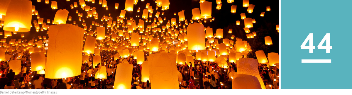 Image 1: Hundreds of people release illuminated lanterns into the night sky during a festival.