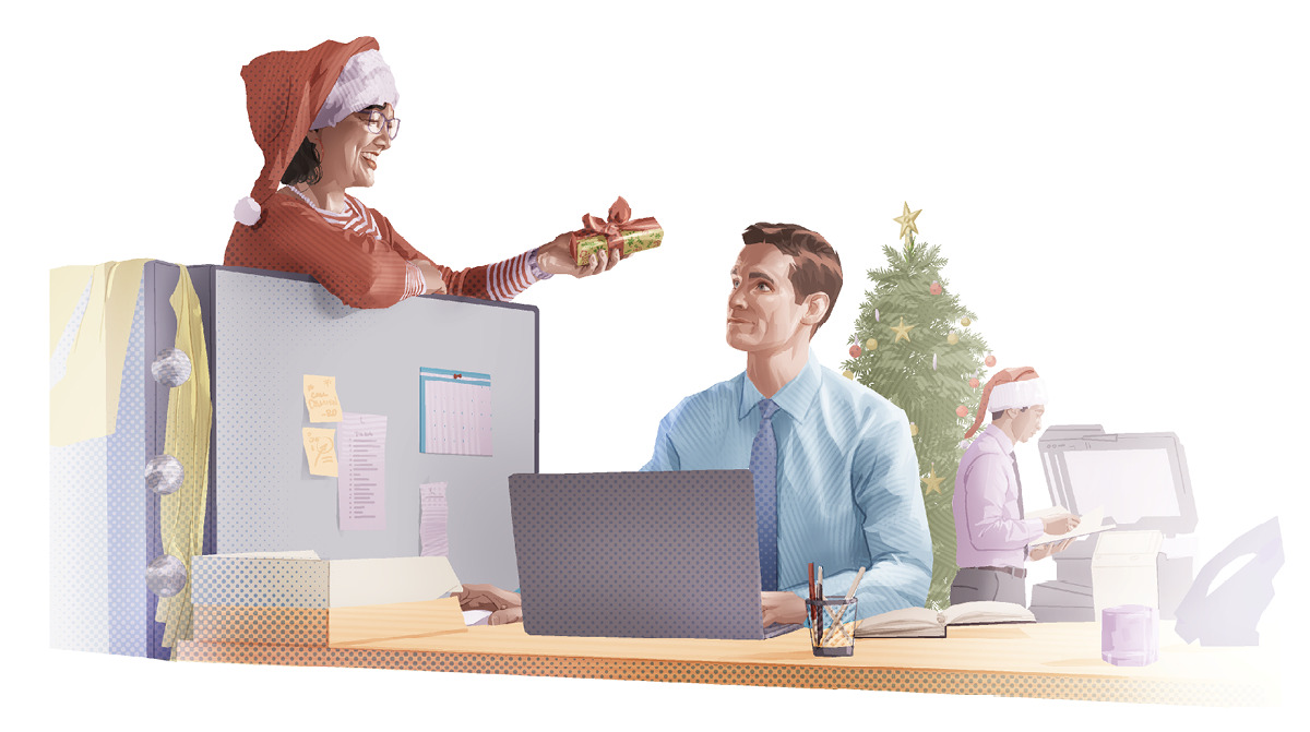 Image 2: A coworker offering a brother a Christmas gift.