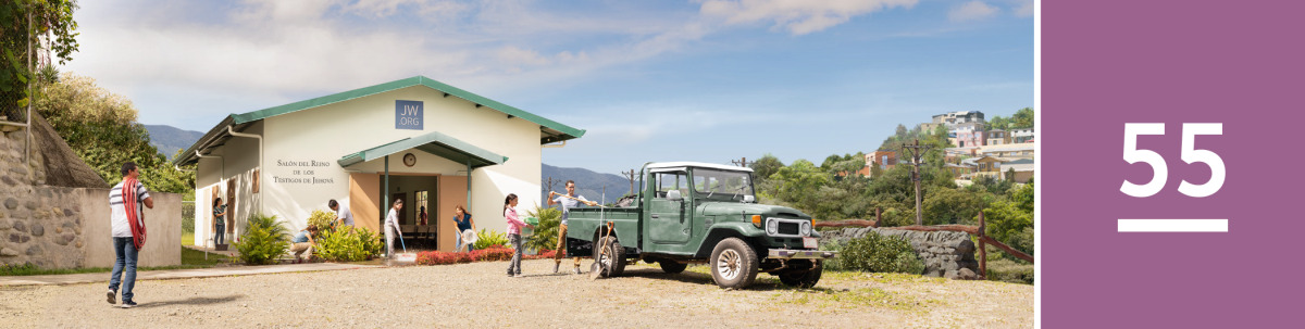 Image 1: Brothers and sisters assist with the exterior maintenance of their Kingdom Hall.