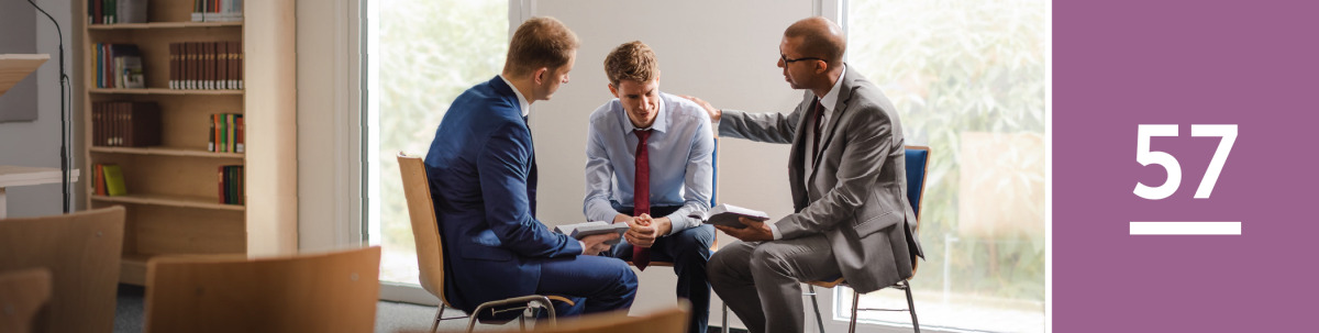 Image 1: A young brother confesses a serious sin to two elders at a Kingdom Hall.