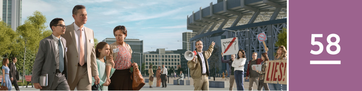 Image 1: A family calmly walks past a group of apostates who are jeering at people arriving at a convention of Jehovah’s Witnesses.
