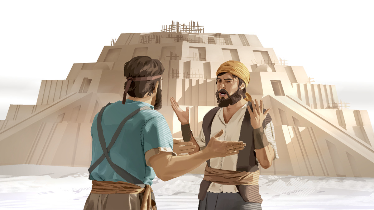 Dois homens na Torre de Babel; eles estão desapontados porque um não consegue entender o que o outro está falando