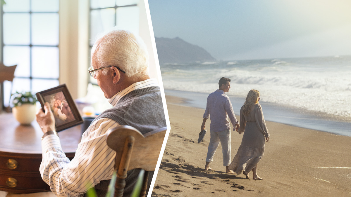 Conjunto de imagens: 1. Um viúvo olhando com saudades uma foto dele com a esposa no dia do casamento. 2. Ele imagina os dois juntos no Paraíso, andando de mãos dadas numa praia.