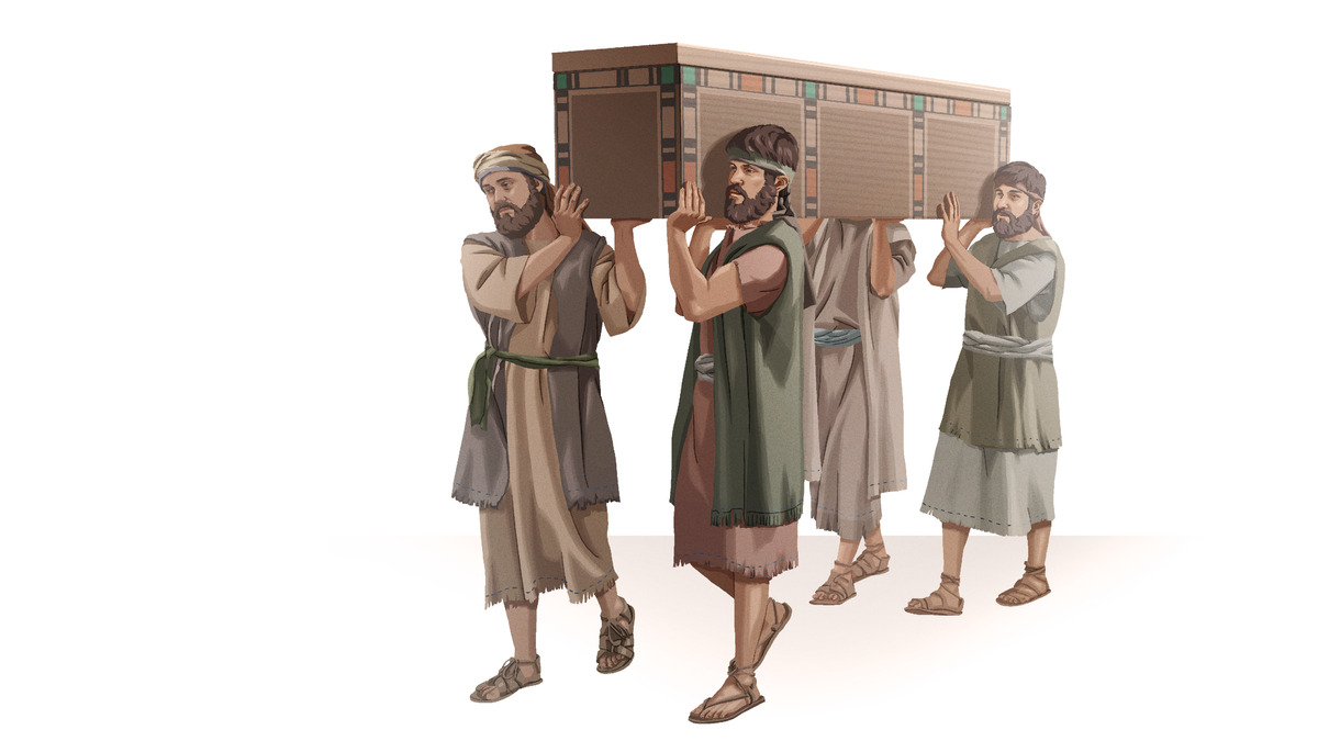 Homens israelitas carregando nos ombros o caixão com os ossos de José e levando-o para ser sepultado na Terra Prometida.