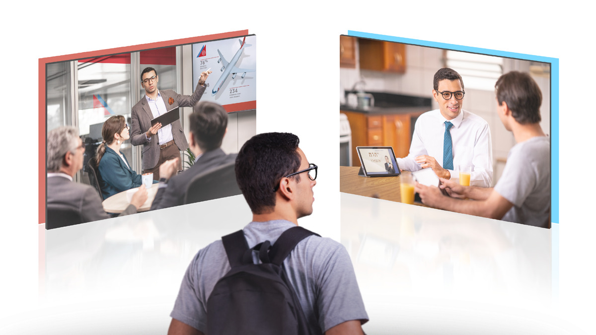 Conjunto de imagens: Um irmão que está no ensino médio pensando no que vai fazer de sua vida. 1. Ele se imagina em um emprego importante, projetando aviões. 2. Ele se imagina dirigindo um estudo bíblico para um homem usando a brochura “Seja Feliz para Sempre!”.
