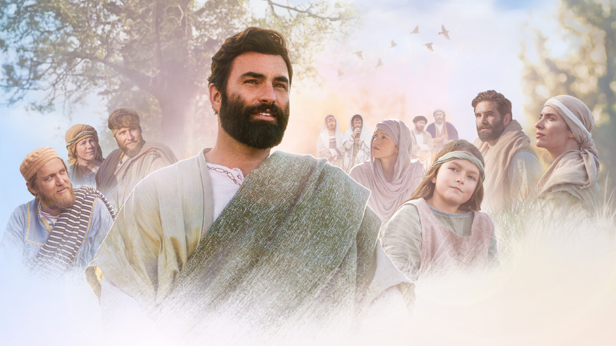 Collage: Scenes from the video series “The Good News According to Jesus.” 1. Jesus Christ. 2. A group of Jews including Jesus’ disciple, Peter. 3. A group of religious leaders.