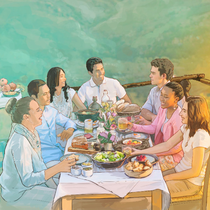 IMAGE 6 PICTURE DESCRIPTION: People enjoying plenty of food