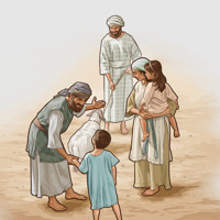Une famille apporte à un prêtre un mouton en guise de sacrifice.