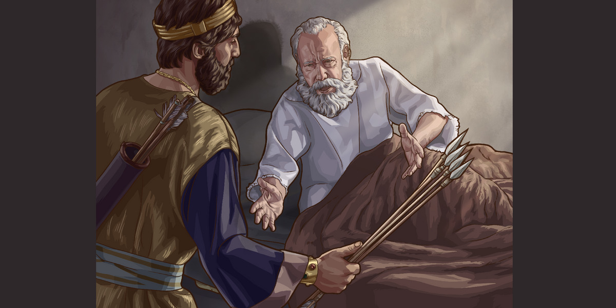 Élisée, alité en raison d’une maladie, donne une instruction à Joas. Joas tient dans la main quatre flèches.