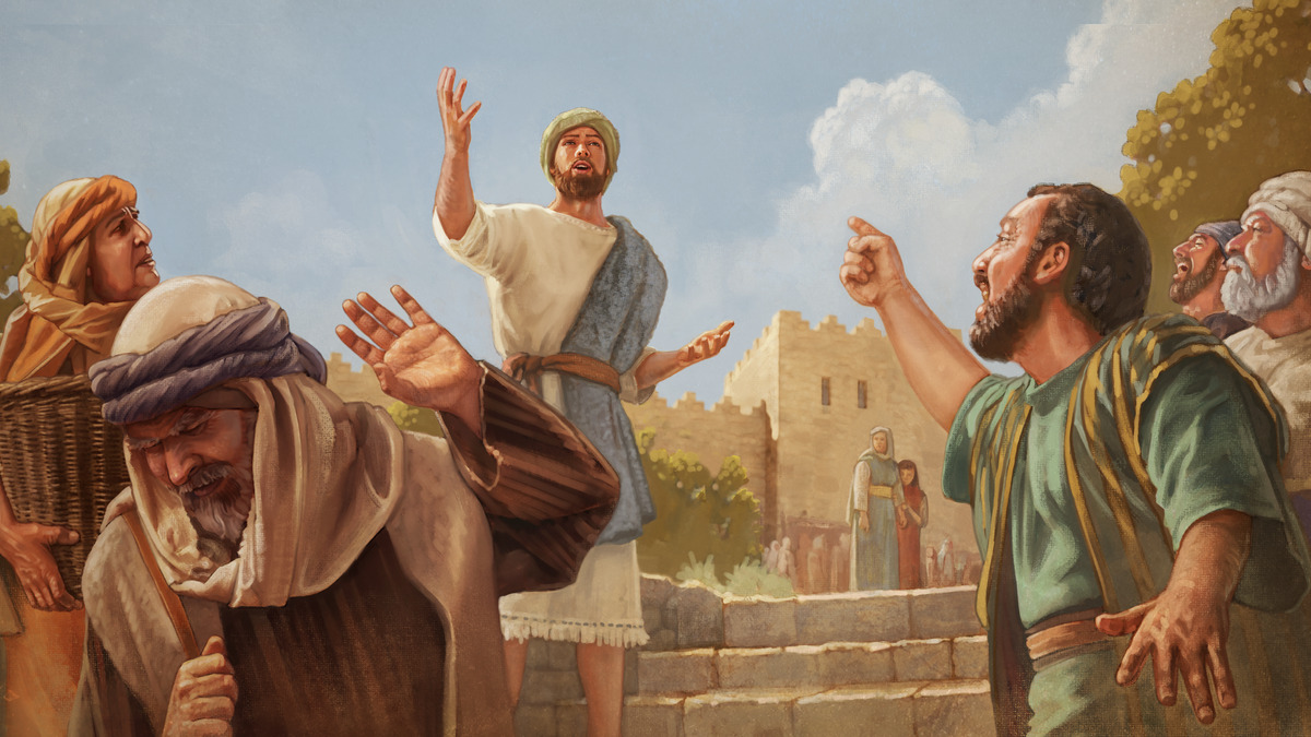 Jeremias em pé, de braços erguidos, proclama corajosamente a mensagem de Jeová em público perto das muralhas de Jerusalém; ao redor, alguns se recusam a ouvir e outros gritam com ele